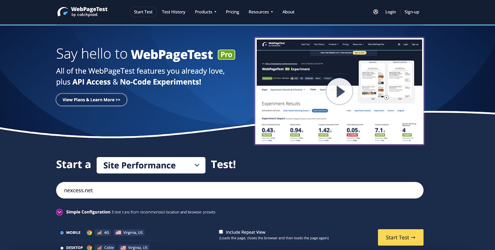 screenshot of Site Performance Test from WebPageTest
