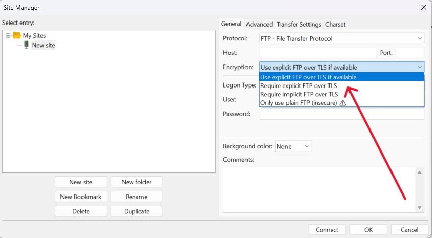 Define your encryption protocol within the FileZilla FTP client.