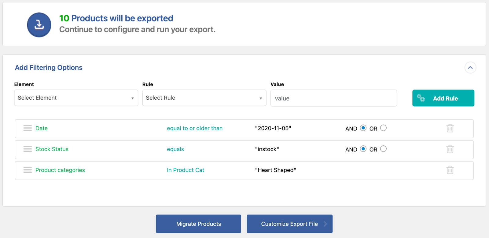 Exporting products that are in stock in the category “Heart Shaped"