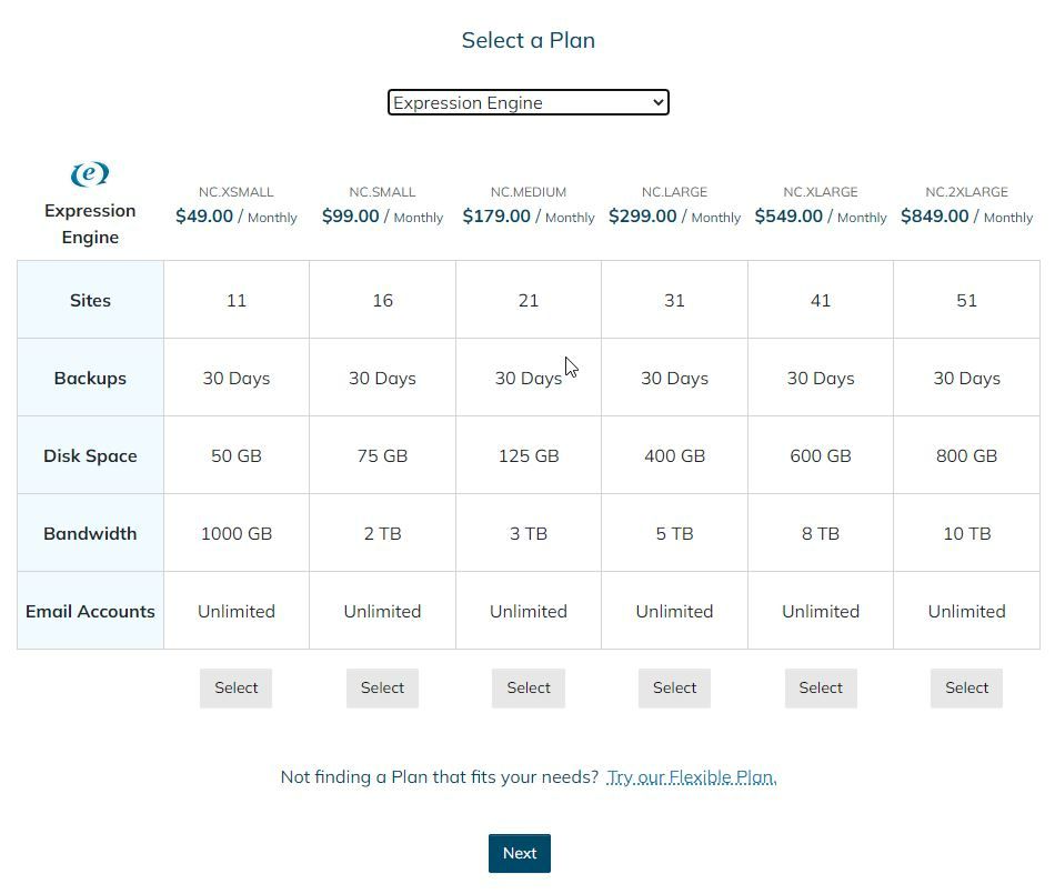 After selecting the Expression Engine application, you will need to choose the size of your plan. 