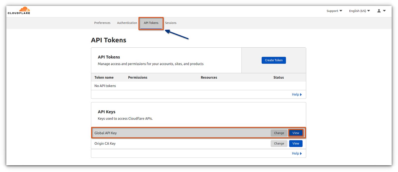 By Clicking on “Get your API Key from here” you will be taken to your Cloudflare dashboard. As shown below, go to the API Tokens tab, then select View from the Global API Key option and copy the provided API key. You will be asked to enter your Cloudflare password to view the API key. 