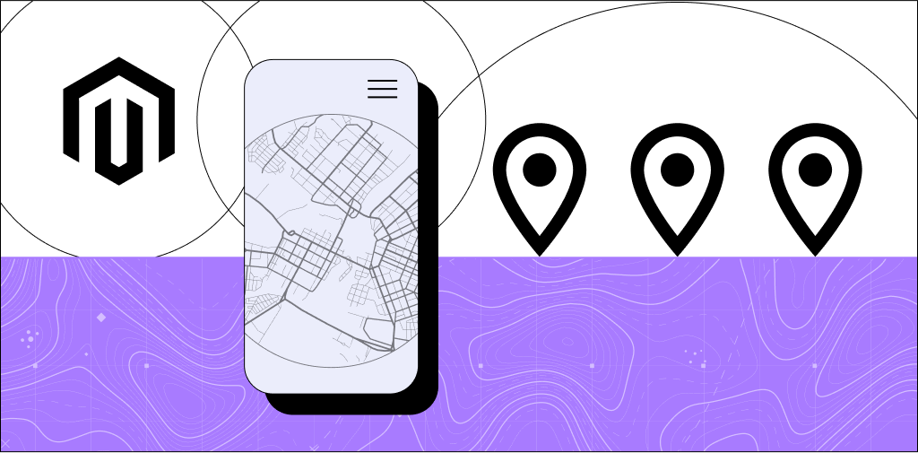 Illustration of a phone with a map displayed on it with Magento logos in the background