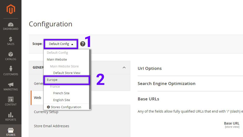Screenshot of the Magento admin showing steps to set the website scope as explained on this page.