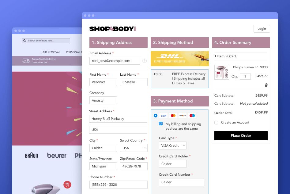 Shop Body’s cart offers a one-page checkout process using Amasty’s One Step Checkout Pro for Magento 2.