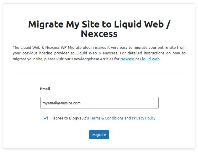 Provide your email address, confirm you agree with BlogVault’s terms and conditions, and then click the Migrate button.