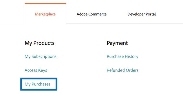 Access the My Purchases section in the Magento Marketplace profile.