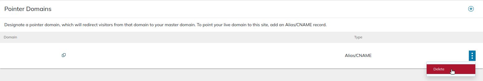 Click the Submit button, and the new pointer domain will be added to your website. You can delete an existing parked domain by clicking the three dots on the right and choosing Delete.