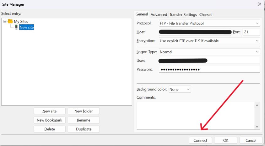 Enter your Nexcess credentials into FileZilla, then connect.