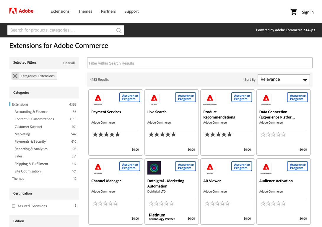 Adobe Commerce marketplace user interface showing third-party extensions across multiple categories.