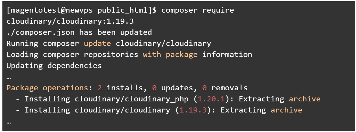 Run the composer require command to add the Cloudinary extension and its version to your composer.json file. As you can see below, we have chosen the 1.19.3 version which is the latest version of Cloudinary currently available. 