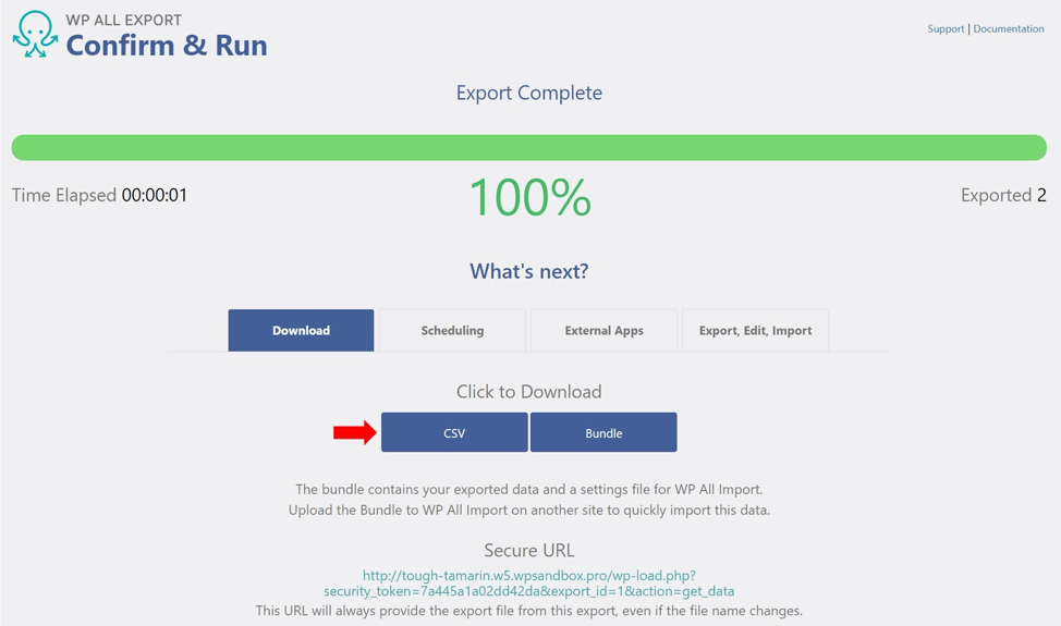 Export of WordPress users complete in WP All Export