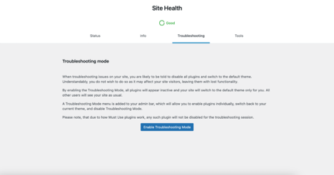 Troubleshooting page in the WordPress Health Check & Troubleshooting Extension