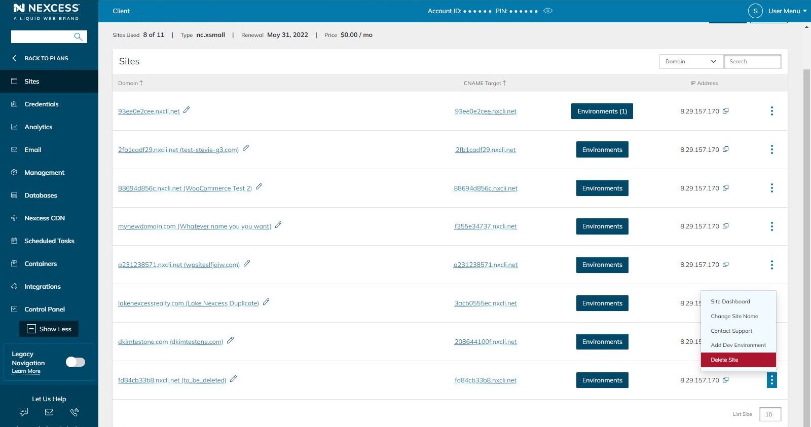 Once you’re absolutely confident you’re ready to delete the website from the plan, you’ll need to log into your Nexcess portal, go to “Plans”, click on the appropriate plan, and “Delete site” from the list of sites as seen here.