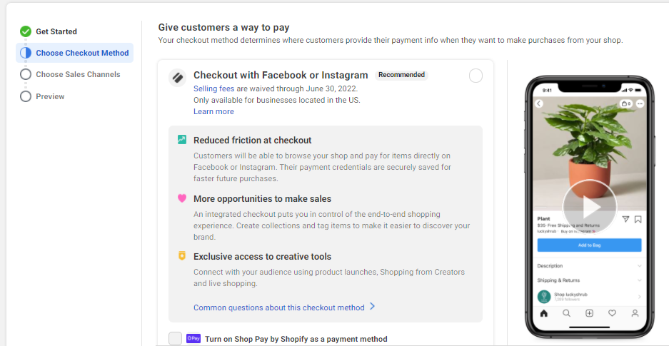 The screen where you choose checkout options for your Facebook or Instagram store.