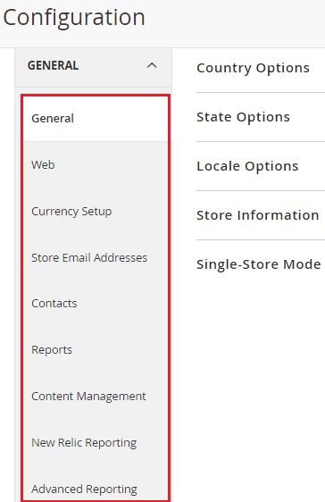 The General section contains subsections of Country Options, State Options, Locale Options, Store Options, and Single-Store Mode.