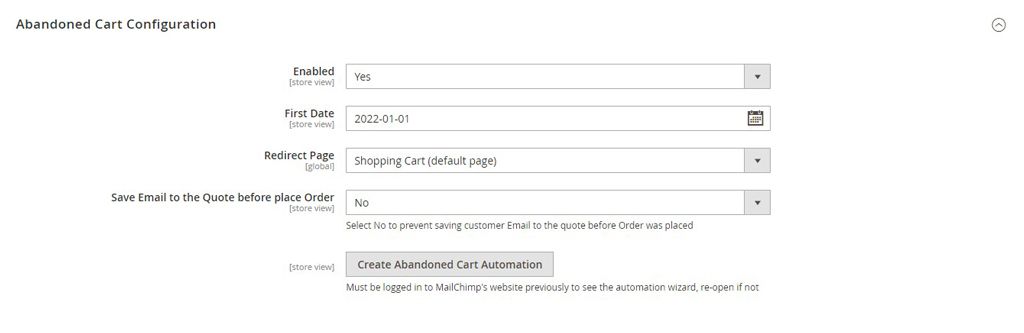 Magento 2 Mailchimp abandoned cart configuration settings.