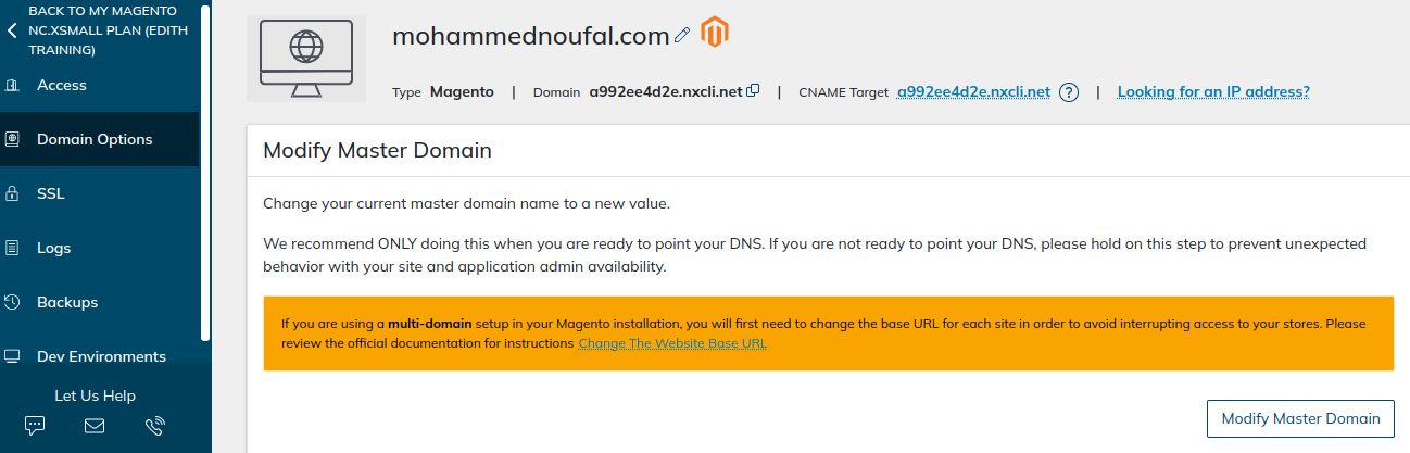 Using the Domain Options tab on the left side of the screen, you can modify the master domain using your domain name by clicking the Modify Master Domain button.