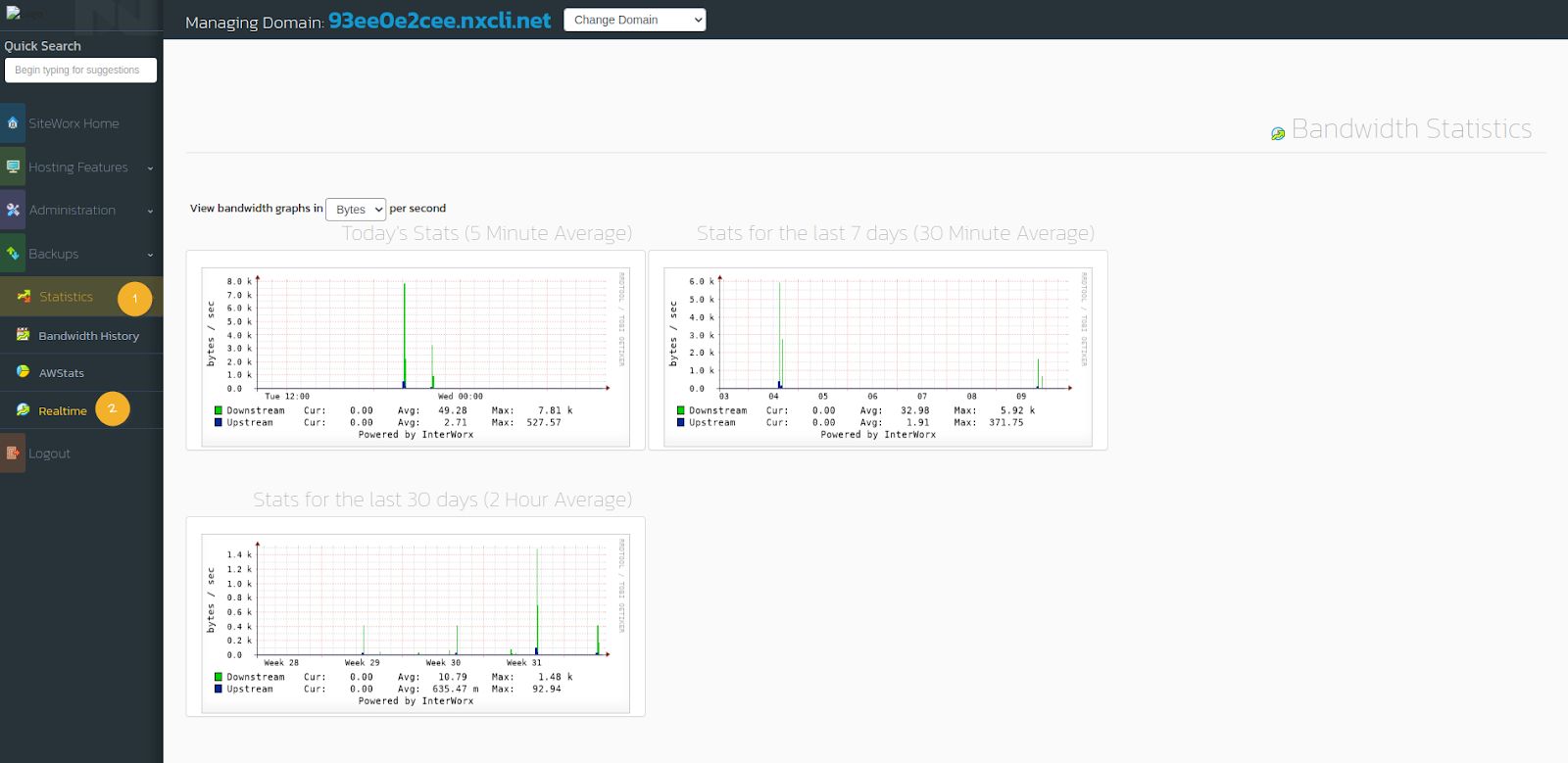 You can view real-time statistics to examine your website's upstream and downstream data usage trends for today, the past week, or the past 30 days. To view statistics, follow these steps: From the SiteWorx main menu, click Statistics > Real-Time.