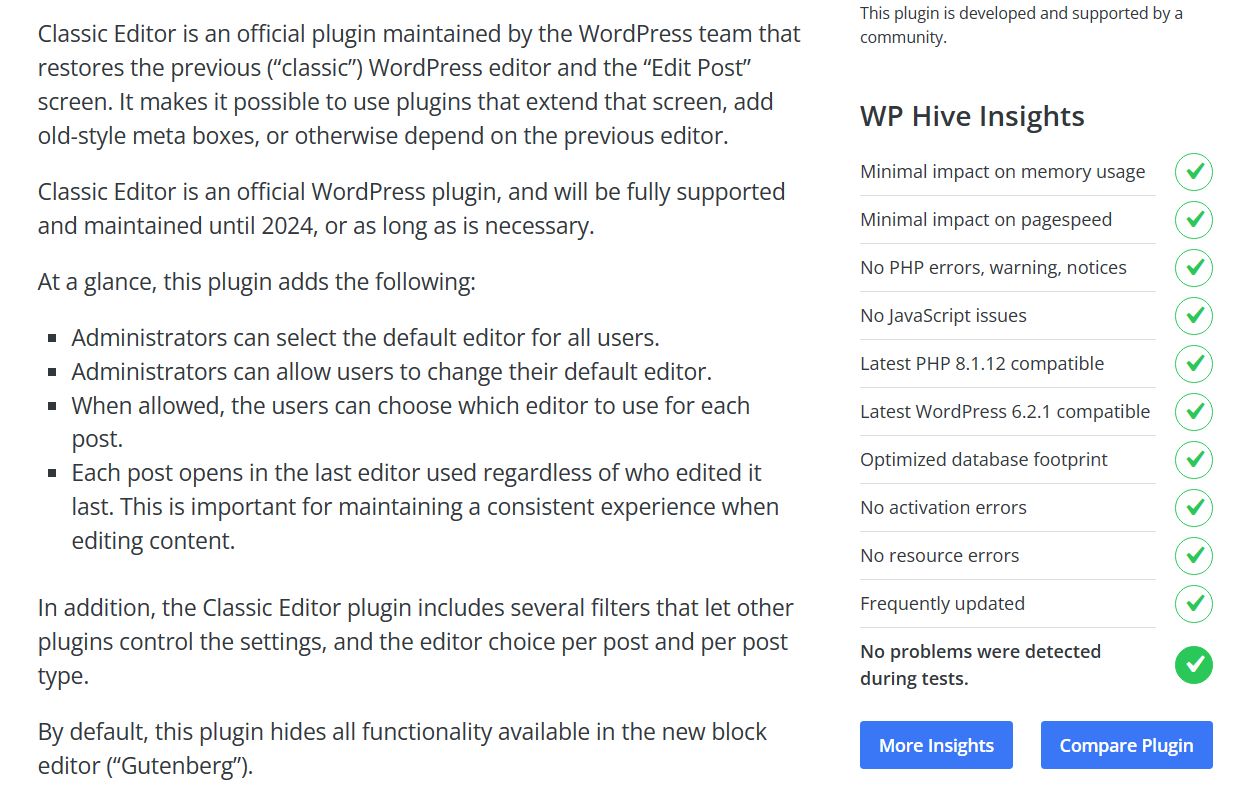 WP Hive’s insights of Classic Editor.