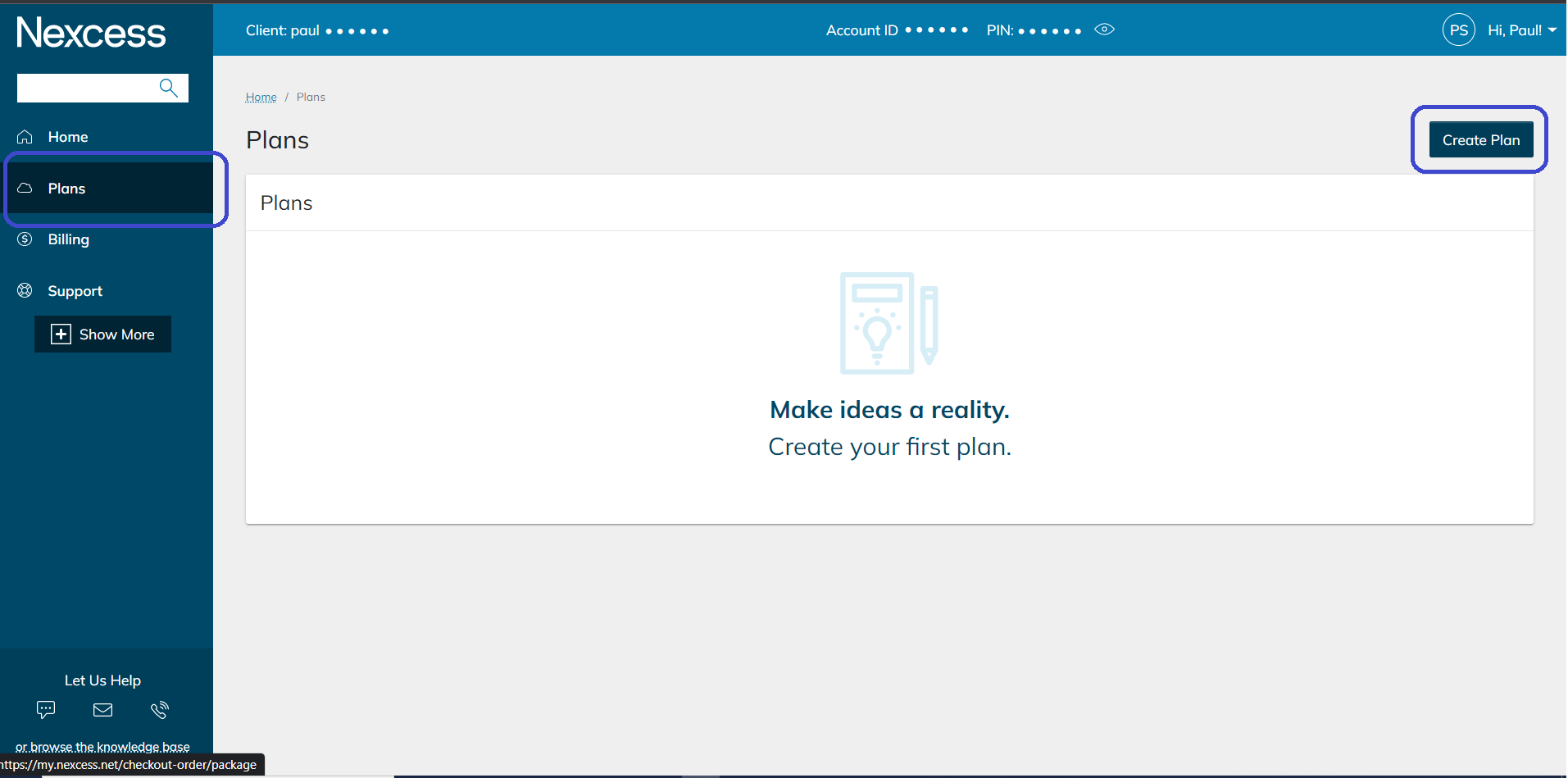 Once you have logged in, click on Plans from the menu of options on the left side of screen followed by the Create Plan button on the right side of screen.