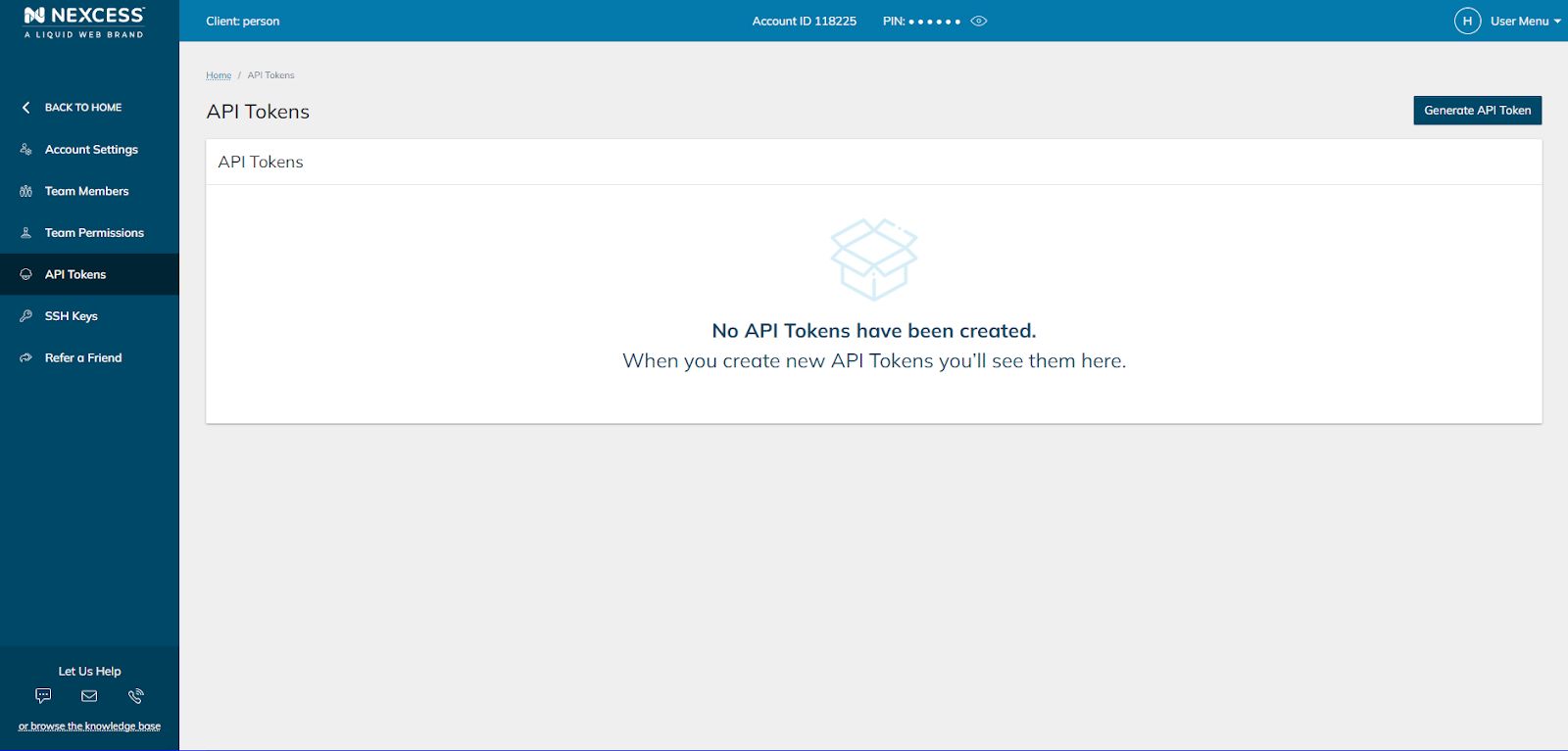 After you click on the “API tokens” button you are taken to the part of the Nexcess Client portal we are looking for.