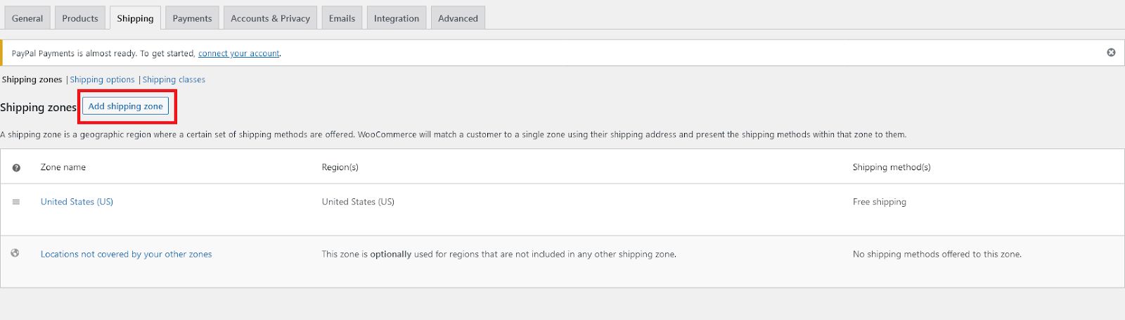 WooCommerce add shipping zones screen.