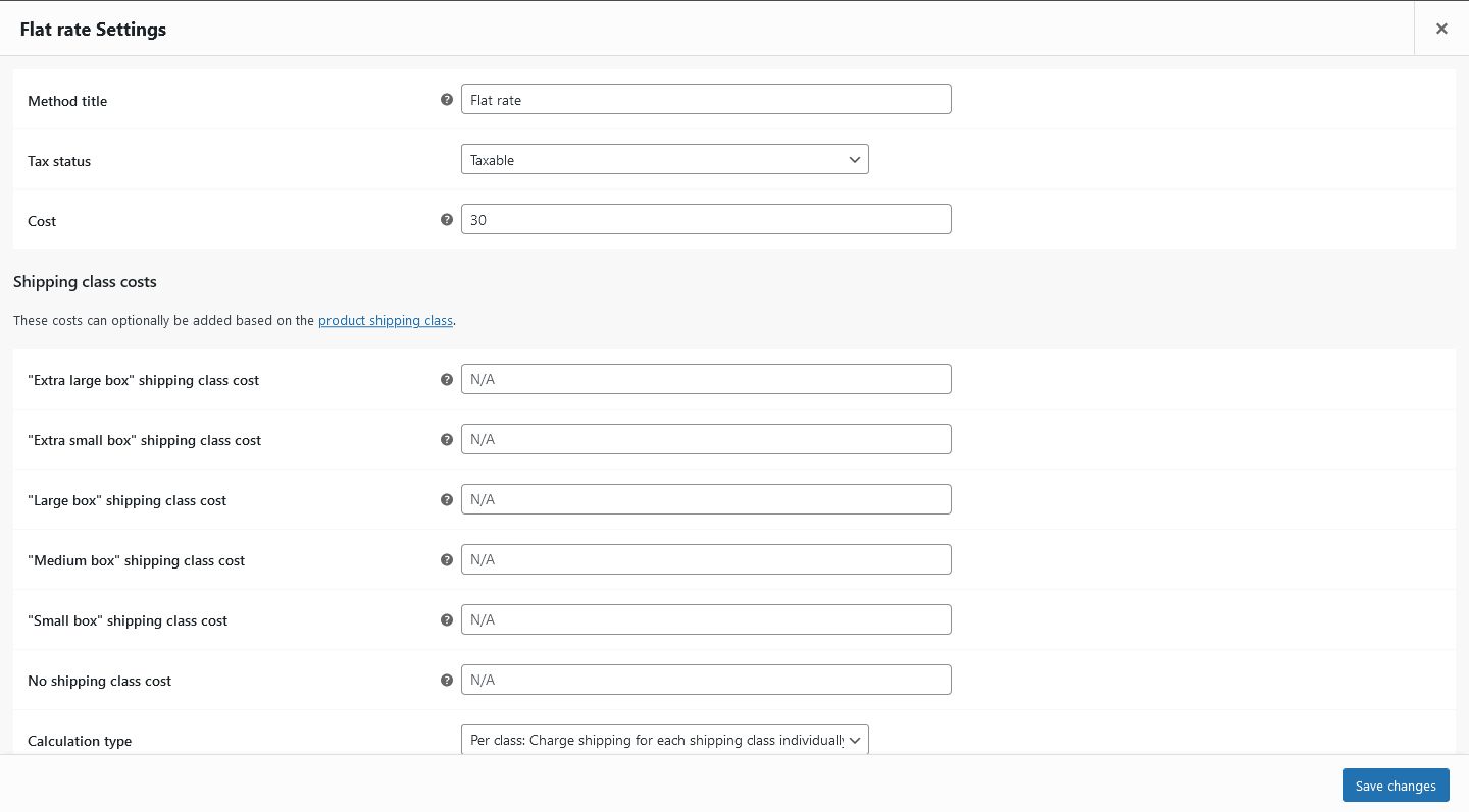 WooCommerce flat rate settings screen.