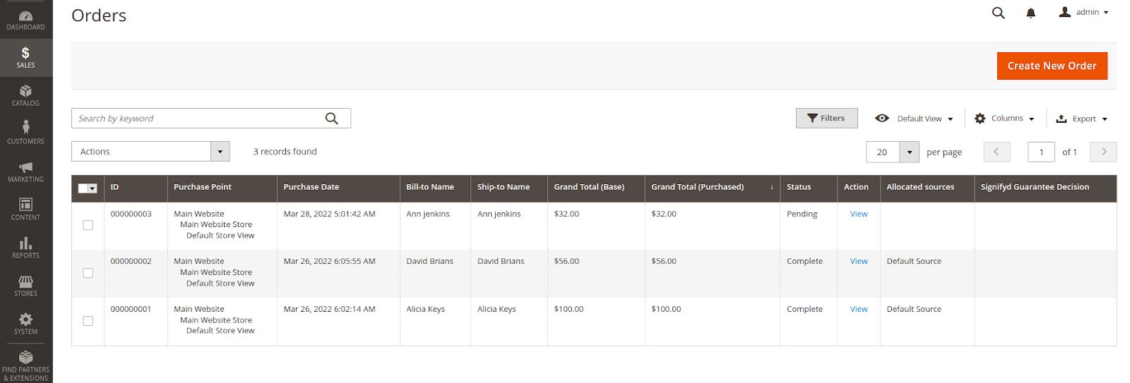 The orders interface in the Magento 2 admin panel