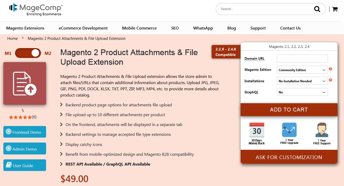 MageComp’s Magento product attachments extension is the best for displaying a product attachments tab on product pages.