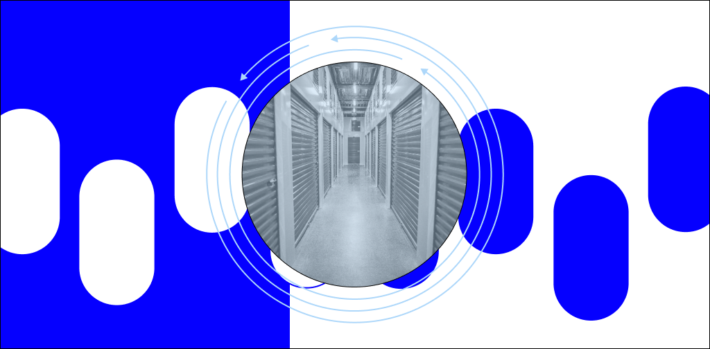 Image of a hallway of locked doors in a data center
