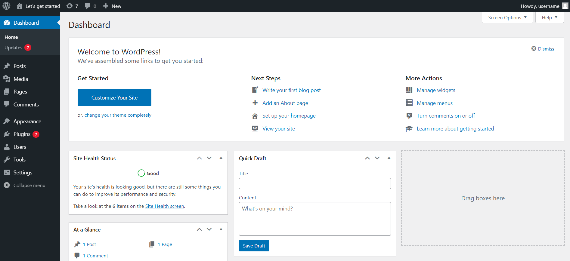 screenshot of the WordPress dashboard