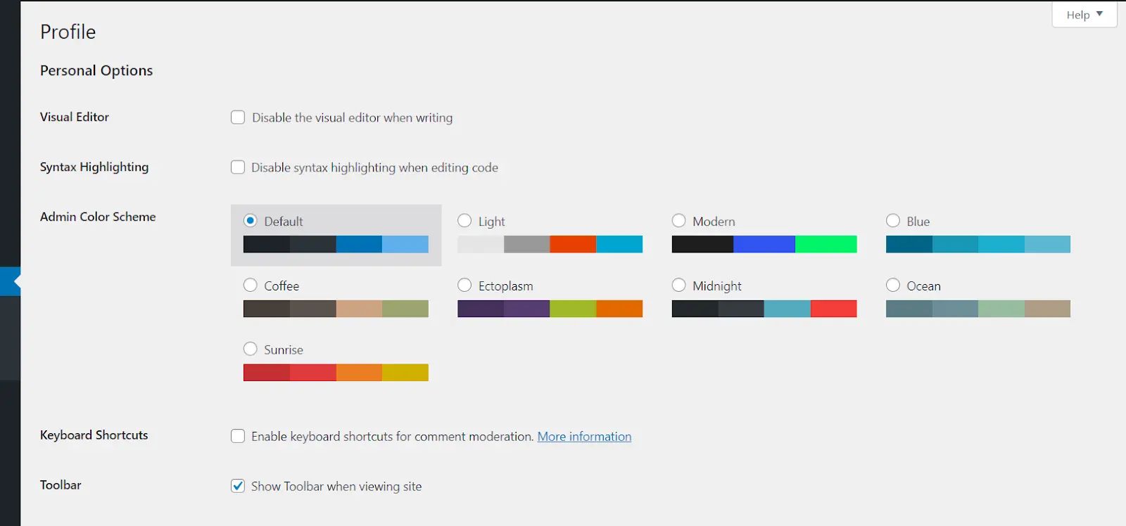 Selecting a color scheme for your WordPress admin theme