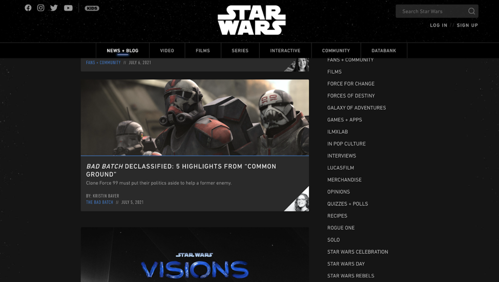 Screenshot of Star Wars website