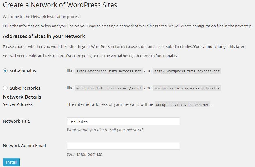 Select the name of your WordPress multisite and click install