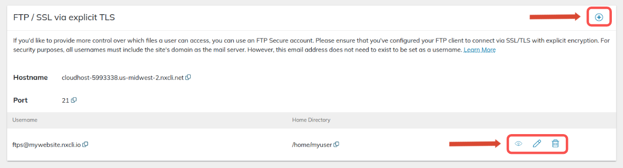 You can add new FTPS users by clicking the Plus button on the top-right side of the section. From here, you can also remove any existing FTPS users or modify their login information and access level.