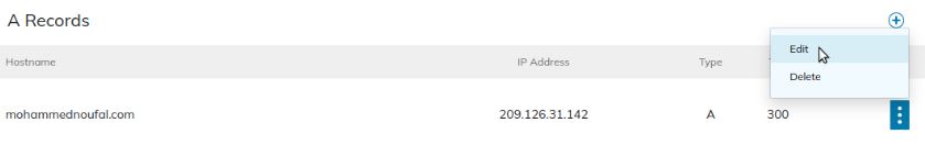 To edit the existing DNS record for the live domain, click the three dots on the right side of the corresponding DNS record, then click the Edit entry in the menu.