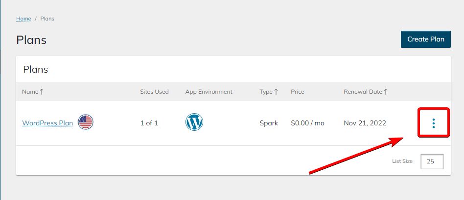 Click the vertical ellipsis to open WordPress plan options.