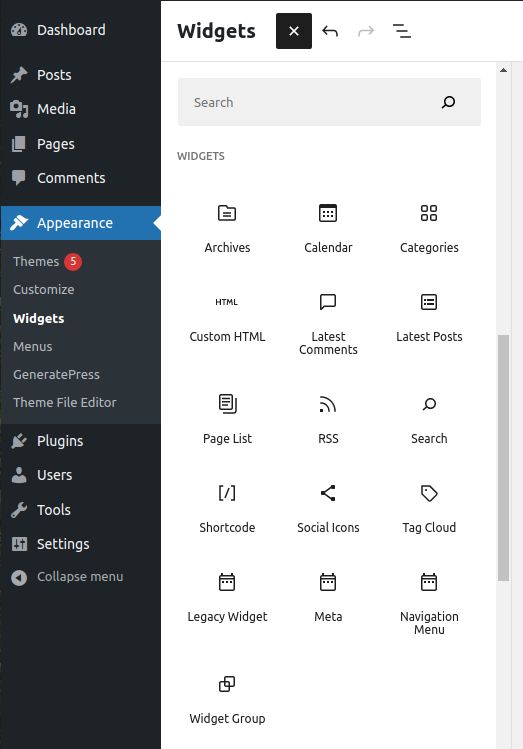 Default WordPress widget selections