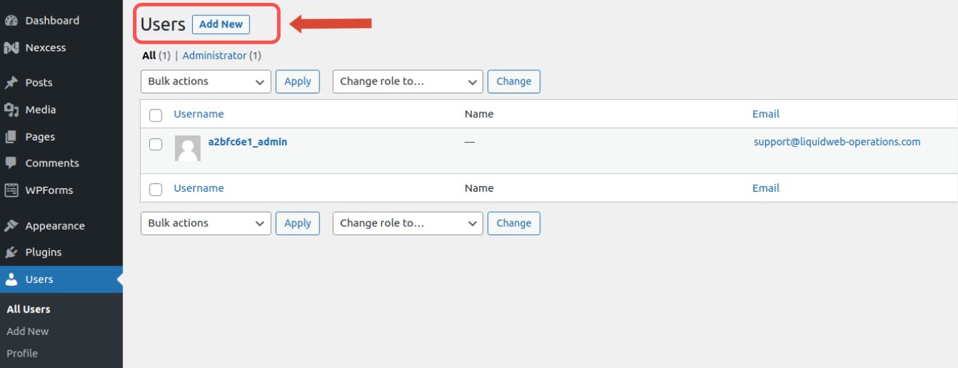You can easily add another admin user from the Users page of your WordPress Admin Dashboard. To do so, click Add New, provide a new username, and also supply the new user’s email address.