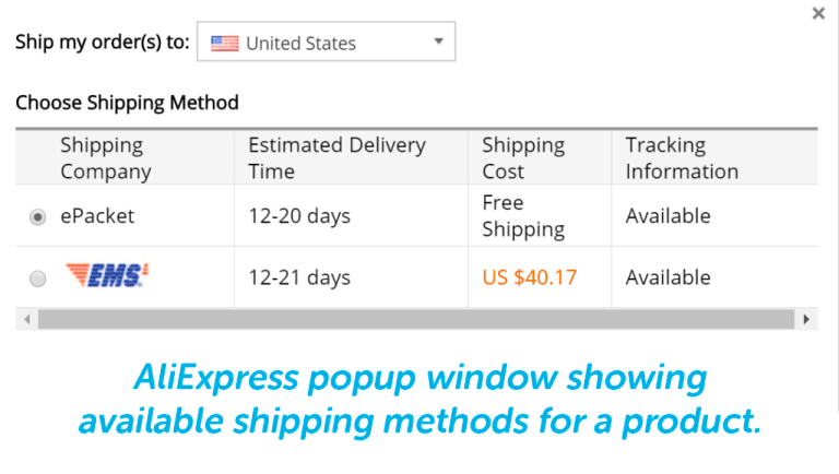 Aliexpress popup window showing available shipping methods