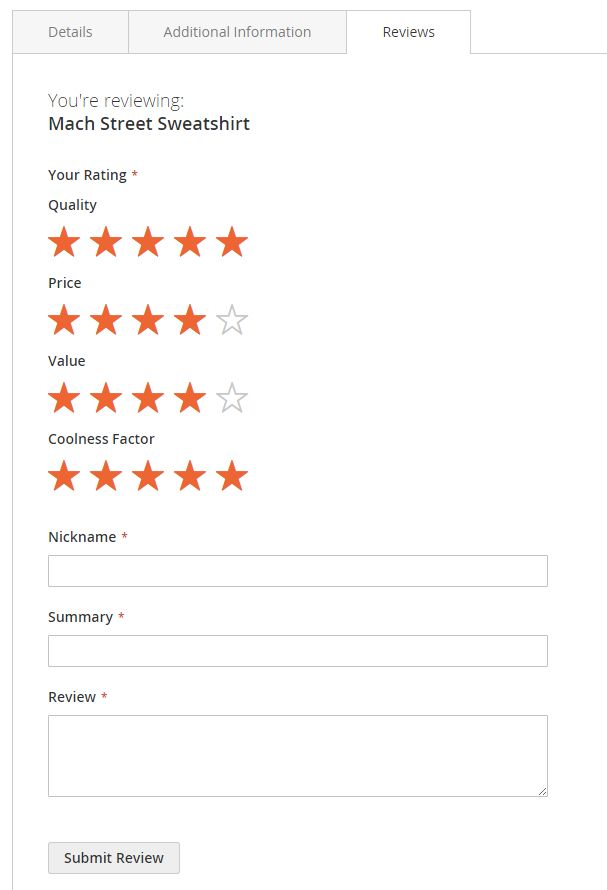 Magento 2 product reviews come with three default ratings — quality, price, and value — but you can add custom ratings.