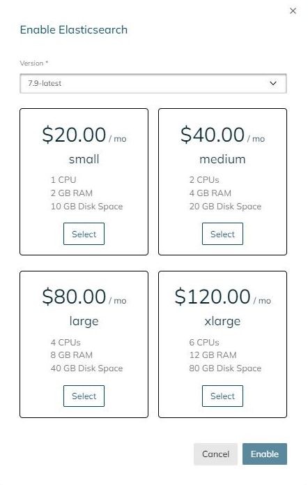 To enable the Elasticsearch container, select the version and container size.