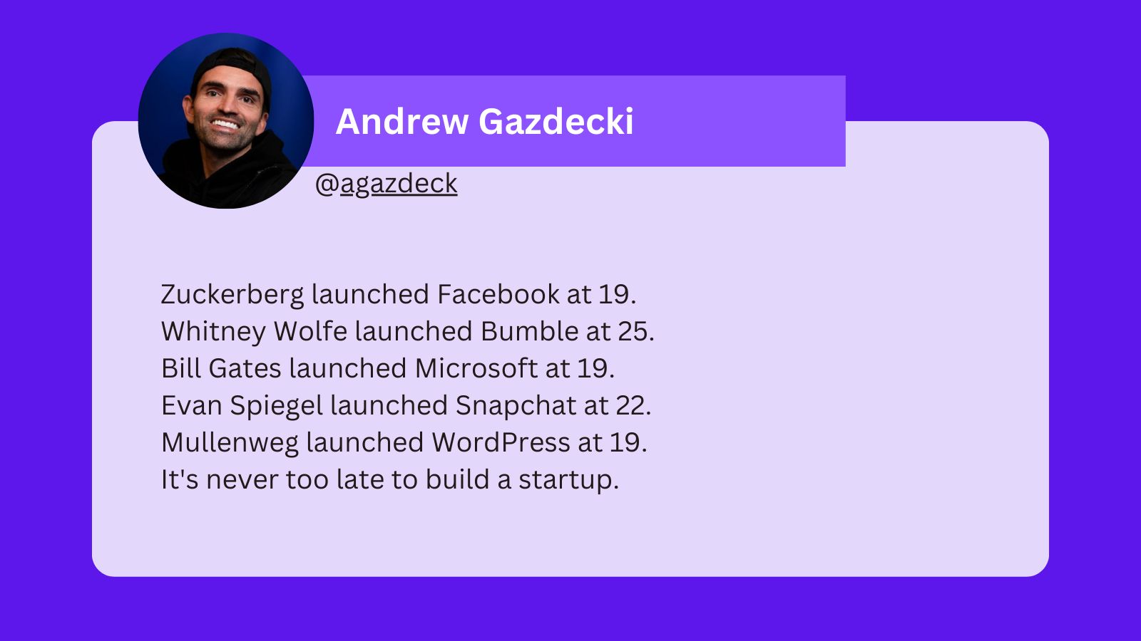 A tweet that reads: Zuckerberg launched Facebook at 19. Whitney Wolfe launched Bumble at 25. Bill Gates launched Microsoft at 19. Evan Spiegel launched Snapchat at 22. Mullenweg launched WordPress at 19. It's never too late to build a startup.