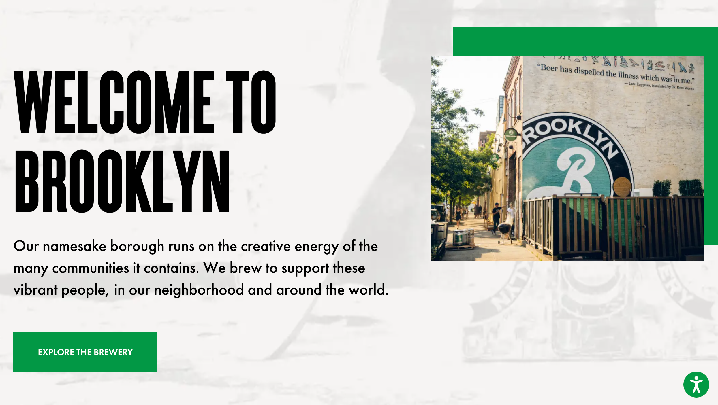 Brooklyn Brewery's homepage, which features imagery of the exterior of the business.