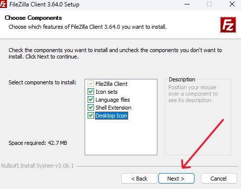 During the FileZilla setup, you can opt out of installing specific components if you wish.