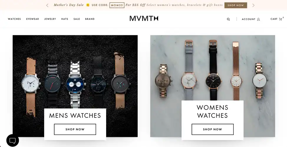 example of an ecommerce website homepage for watches by MVMT