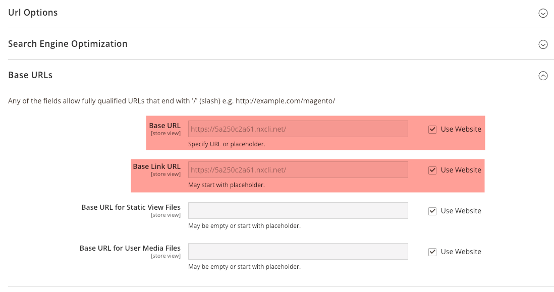 verify the Use Website check box is selected near the Base URL and Base Link URL fields