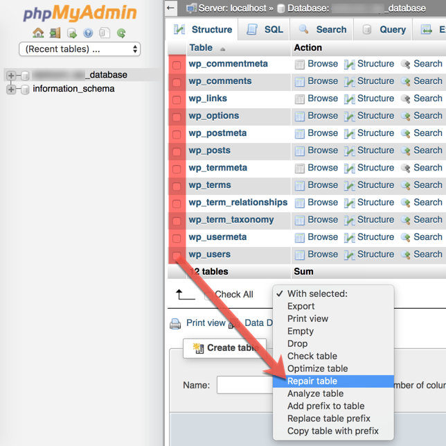 Click on repair table within phpMyAdmin