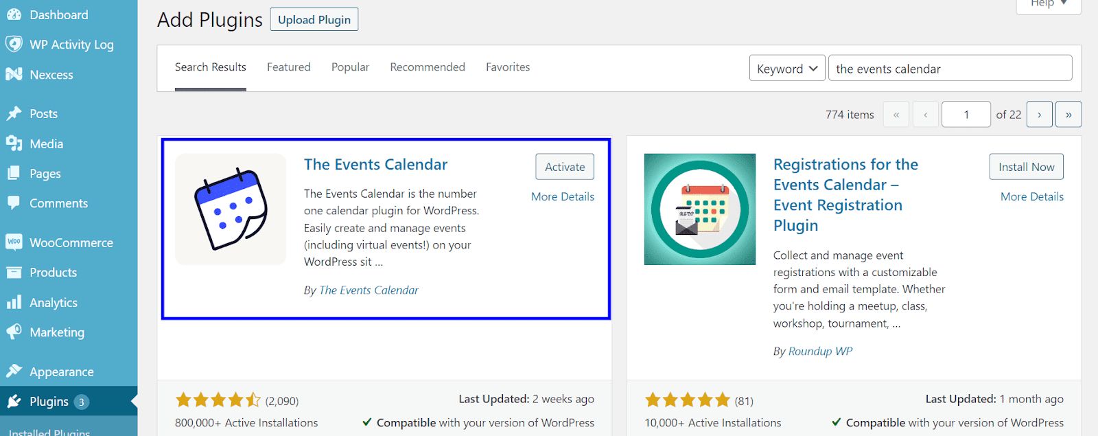 Download the Events Calendar plugin from WordPress.