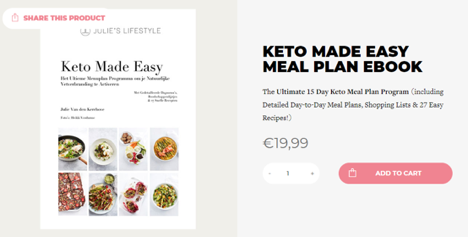 A screenshot of a keto meal plan eBook that users can add to their cart on a website.